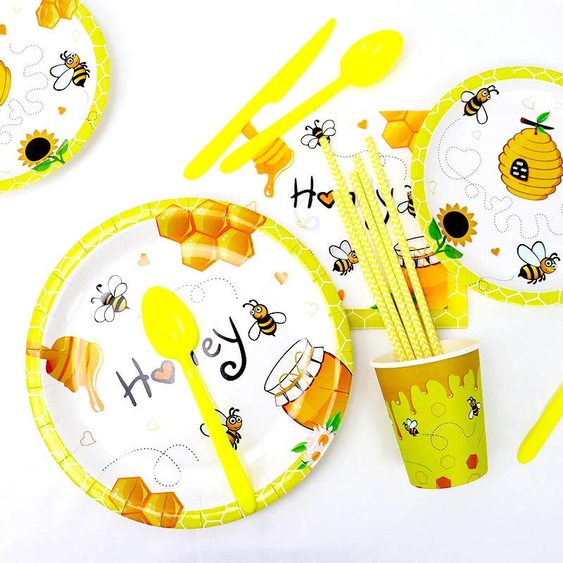 

Cute Bee Themed Party Cartoon Disposable Tableware Paper Cups Plates Kids Birthday Party Baby Shower Ramadan Decoration Supplies