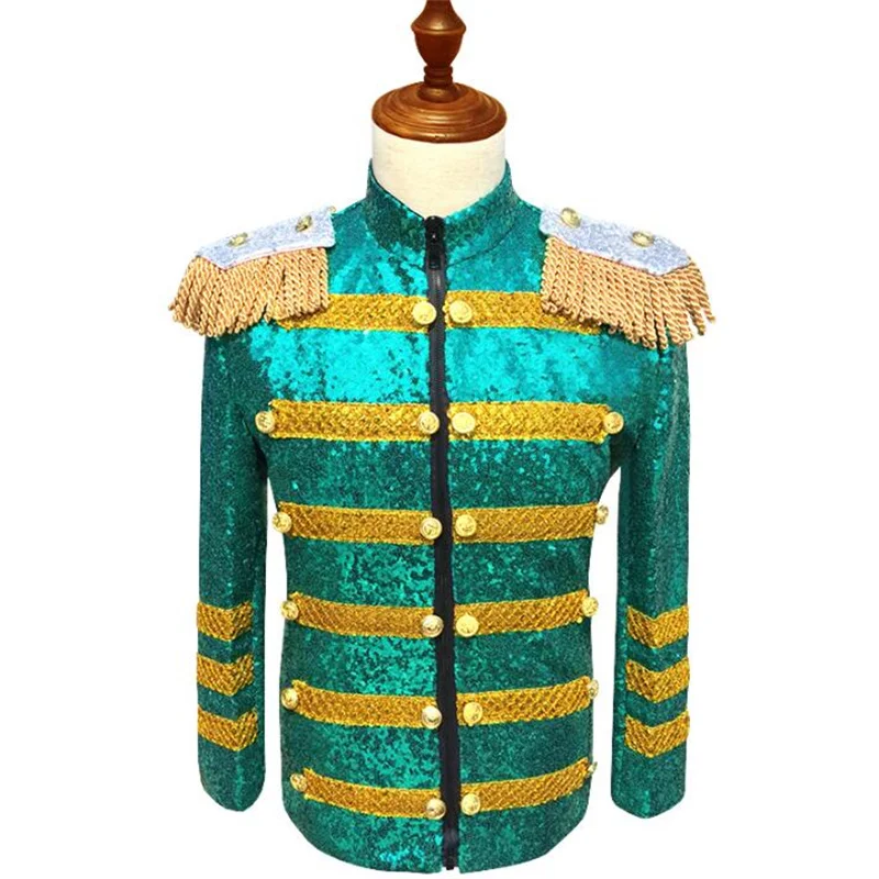 

Green sequin suits designs homme terno stage costumes for singers mens blazer dance clothes jacket star style dress punk fashion