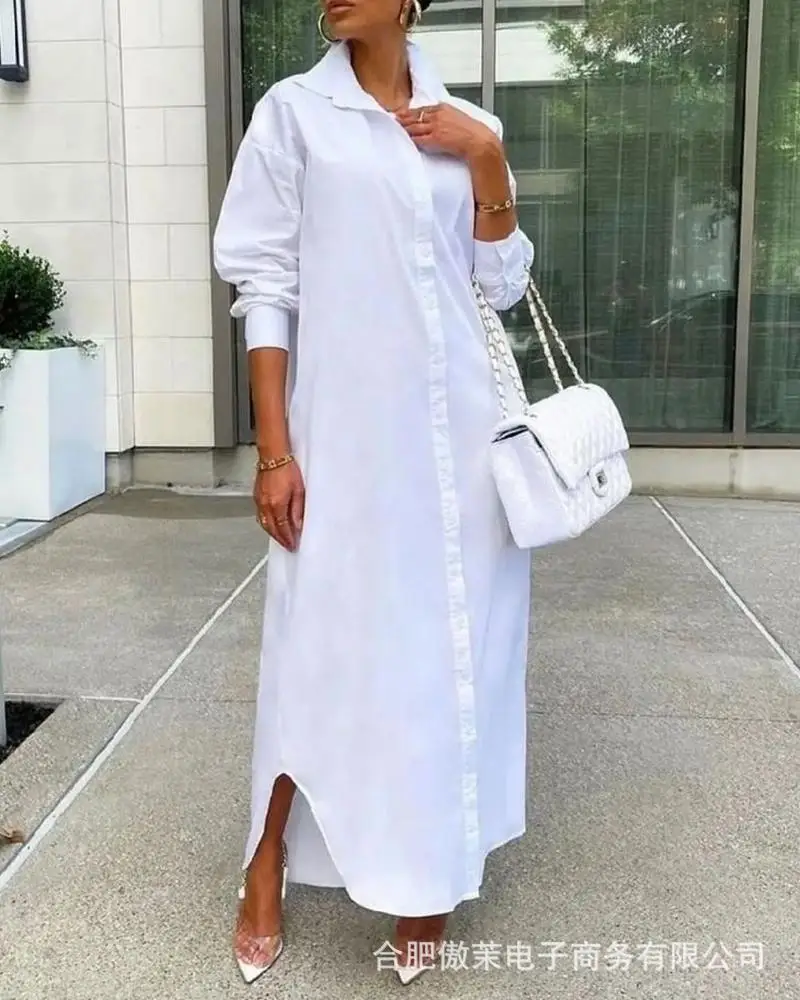 

Lapel Long Sleeve Split Shirt Skirt Korean Women Skirt Unicolor Casual Dresses