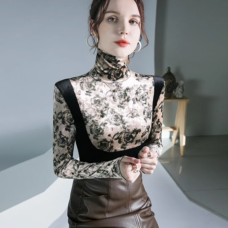 

HIgh Quality 2022 Women T-shirt Velvet Print Design Female Autumn Sexy Crop Top Clothes Casual Fashion Blouses Grace Meeting