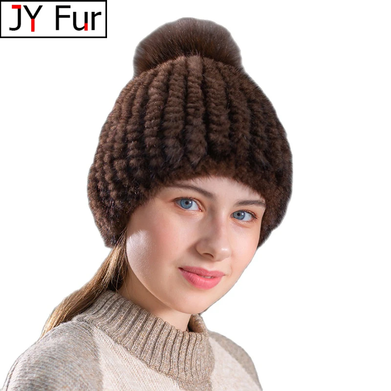 

2022 Hot Style Fashion Winter Warm Women's Knitting Caps Real Mink hats 7 Colors Available Pineapple Shaped Hat With Fox Pom Pom