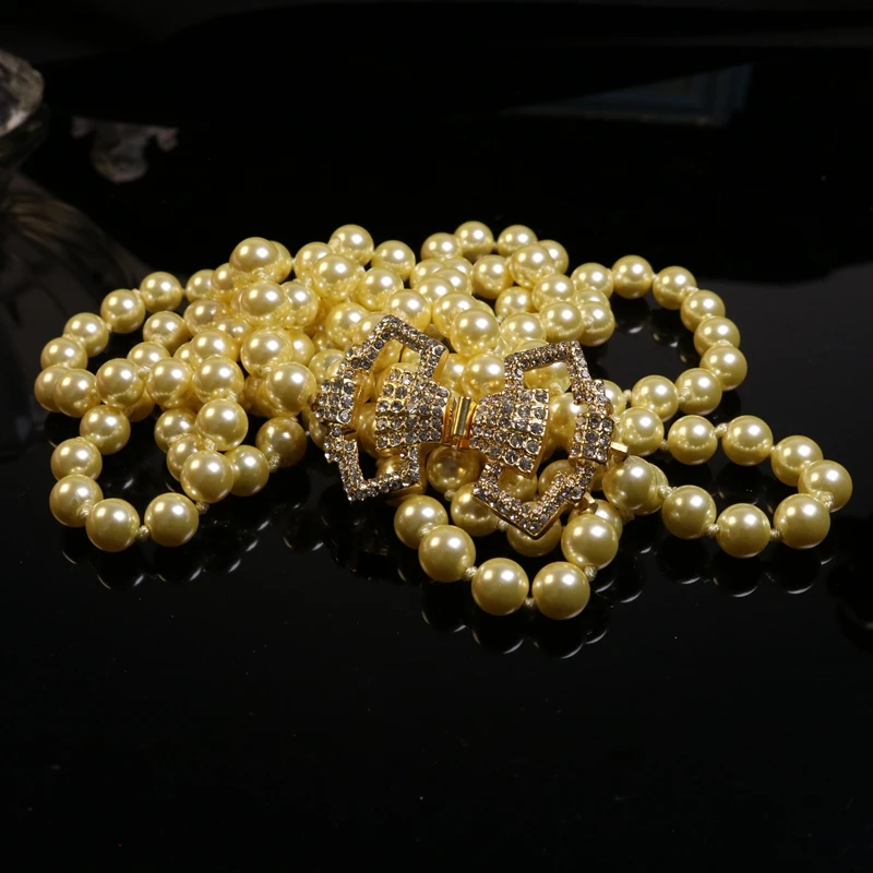 

Simple Elegant Champagne Color Glass Pearl NecklaceBow Exquisite Rhinestone Accessories For Banquet Party Jewelry