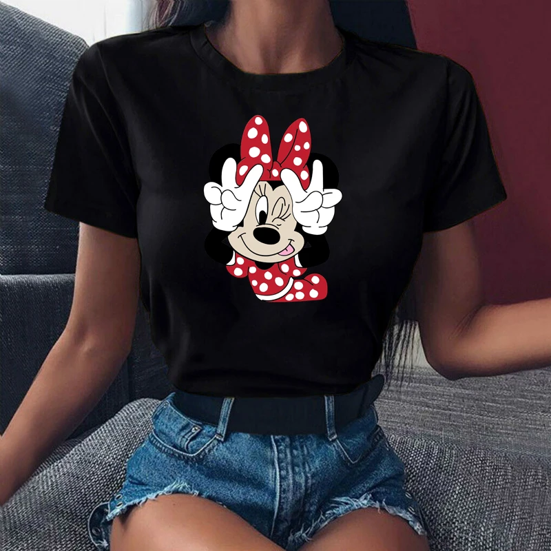 

Funny Disney Kawaii Mickey Minnie Mouse Women's T Shirt Short Sleeve Cartoon goth T-shirt Cute Graphic Streetwear Top Tee Female