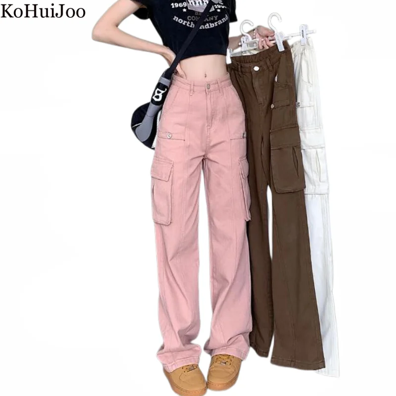 

Модные женские брюки-карго KoHuiJoo, Новинка осени 2022, тонкие широкие брюки с высокой талией, дизайнерские корейские свободные повседневные брю...