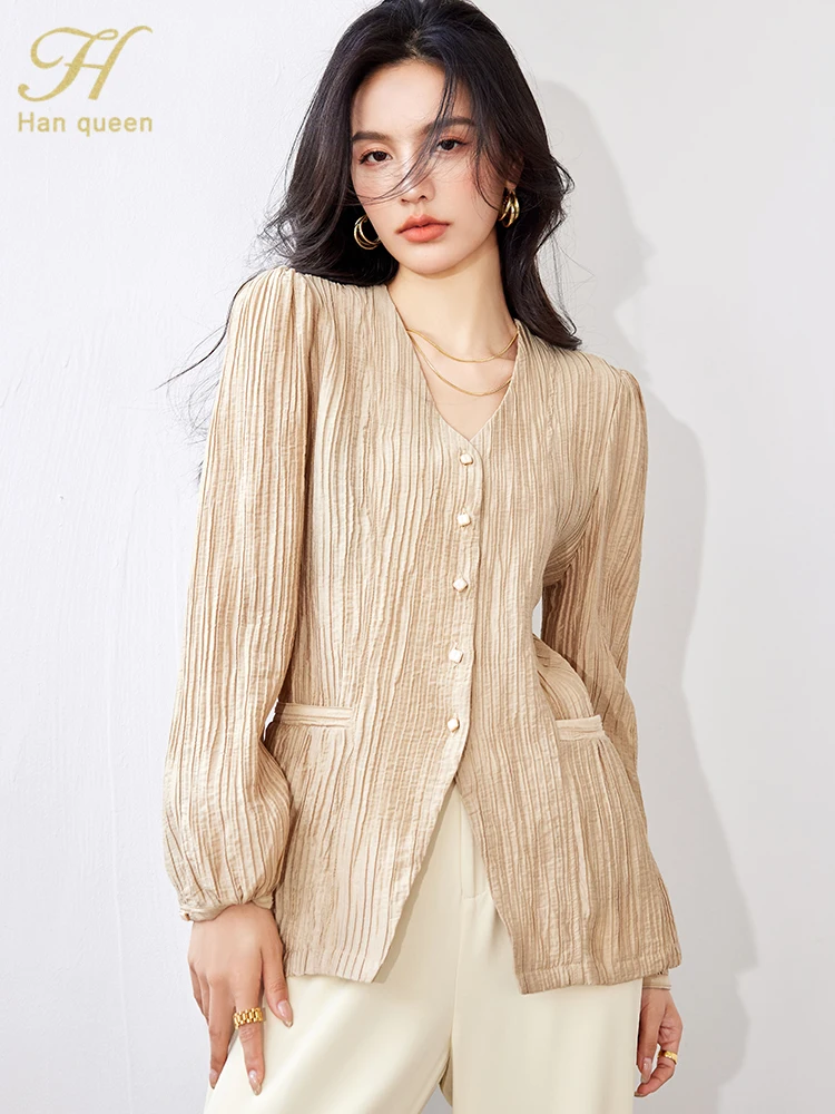 

H Han Queen Elegant Autumn Tops V-Neck Simple Office Blouse Female Shirt Long Sleeve Casual Korean Loose Chiffon Blouses Women