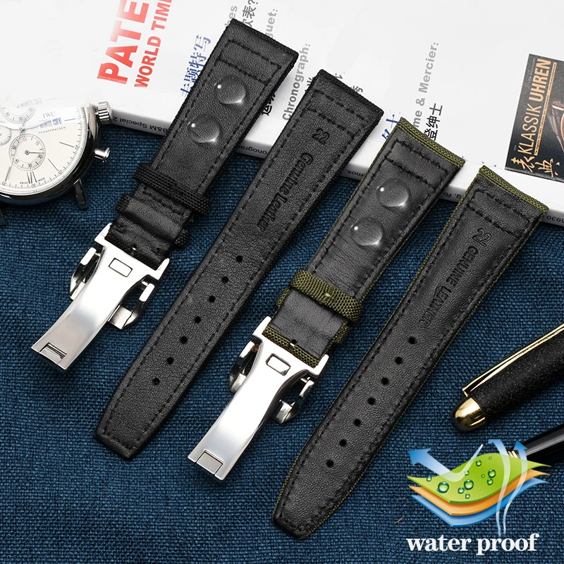 Nylon + Leather Bottom Watchband For IWC Pilot Seiko Citizen BM7140 Waterproof Canvas Bracelet Strap Green Black 20mm 21mm 22mm
