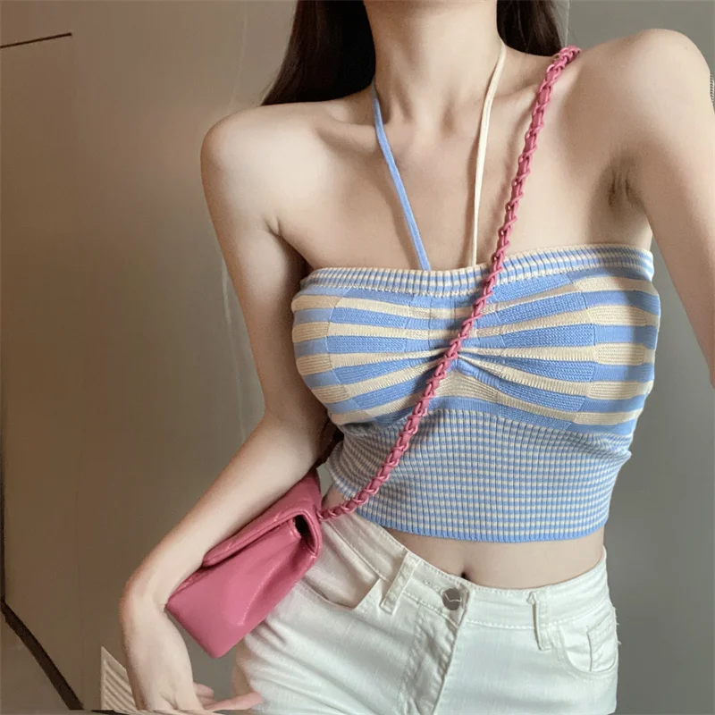 

Make sweet spicy blue stripes knit strapless neck hung vest condole belt vest with firm offers