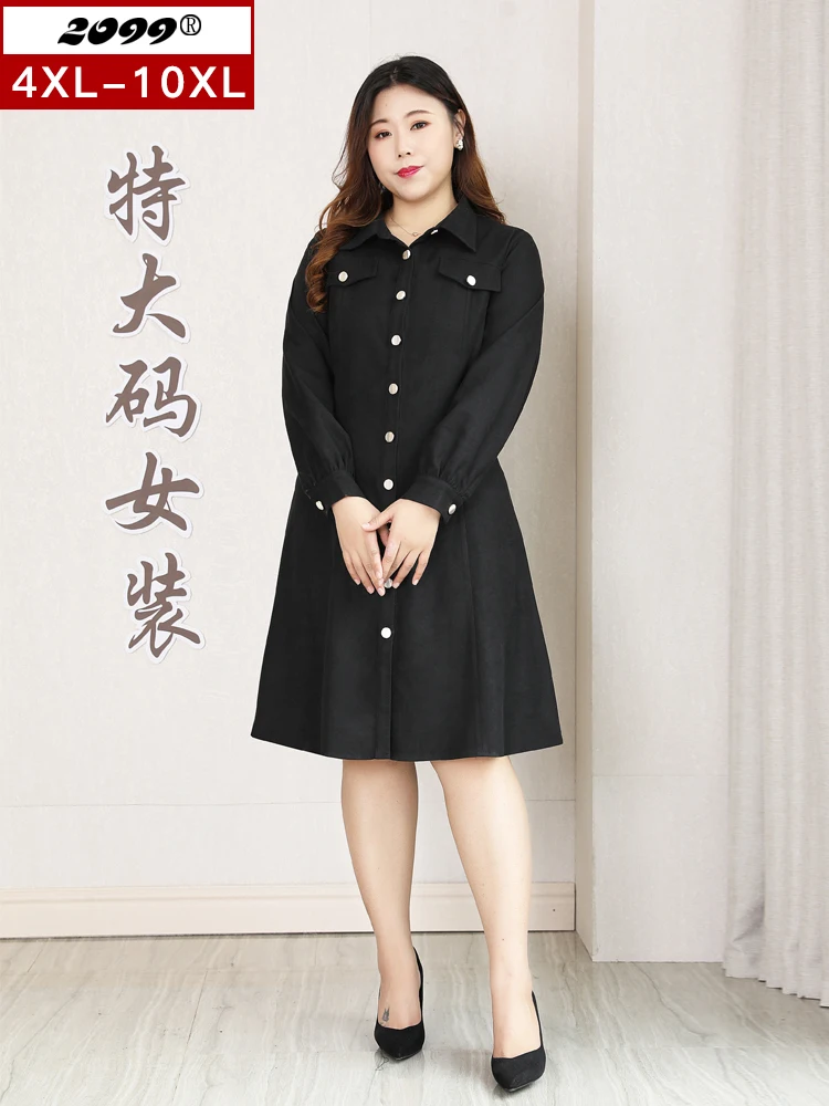 Women's Plus Size Long Sleeve Dress spring summer dress women Turn-down Collar Office wear black Fashion QZ027