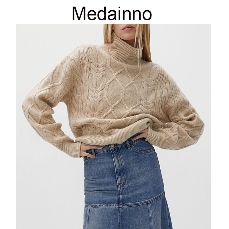 

Medainno 2022 Autumn Winter Fashion Women New Cable Knitted Turtleneck Sweater Pullover Loose Casual Solid Simple Tops Female