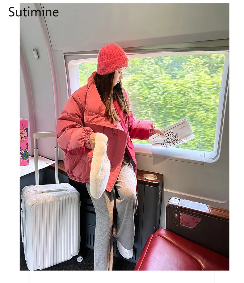 Pink Down Jacket Women's Color Contrast Stitching Fashionable New Style Coat Women Winter 2022 Office Lady Loose Down Coats