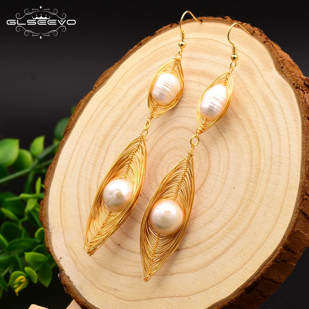 

GLSEEVO Original Handmade Natural Fresh Water Baroque Pearl Drop Earrings For Women Girl Wedding Fine Jewelry Kolczyki GE0632
