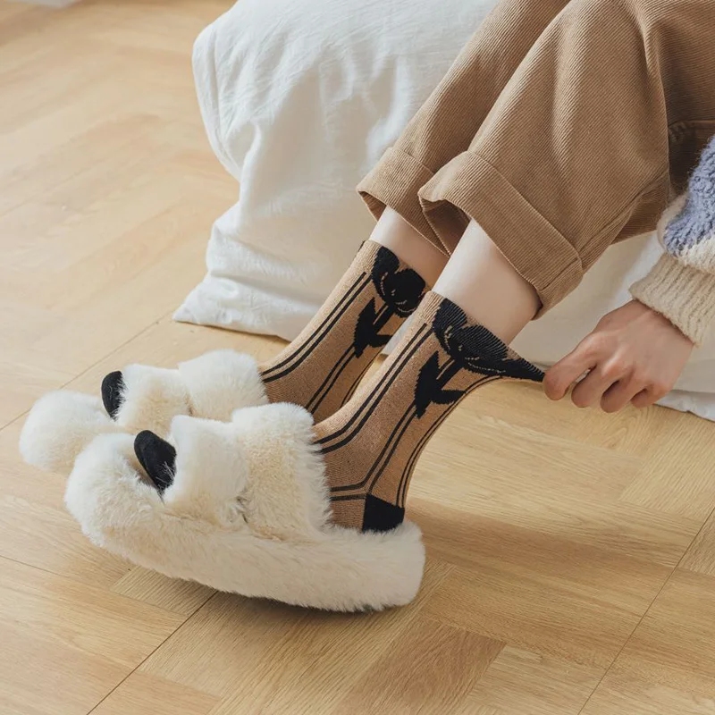 5 Pairs Keep Warm Wool Socks For Women Vintage Print Cashmere Long Winter Kawaii Socks Fashion Soft Leg Warmers Chausette Femme