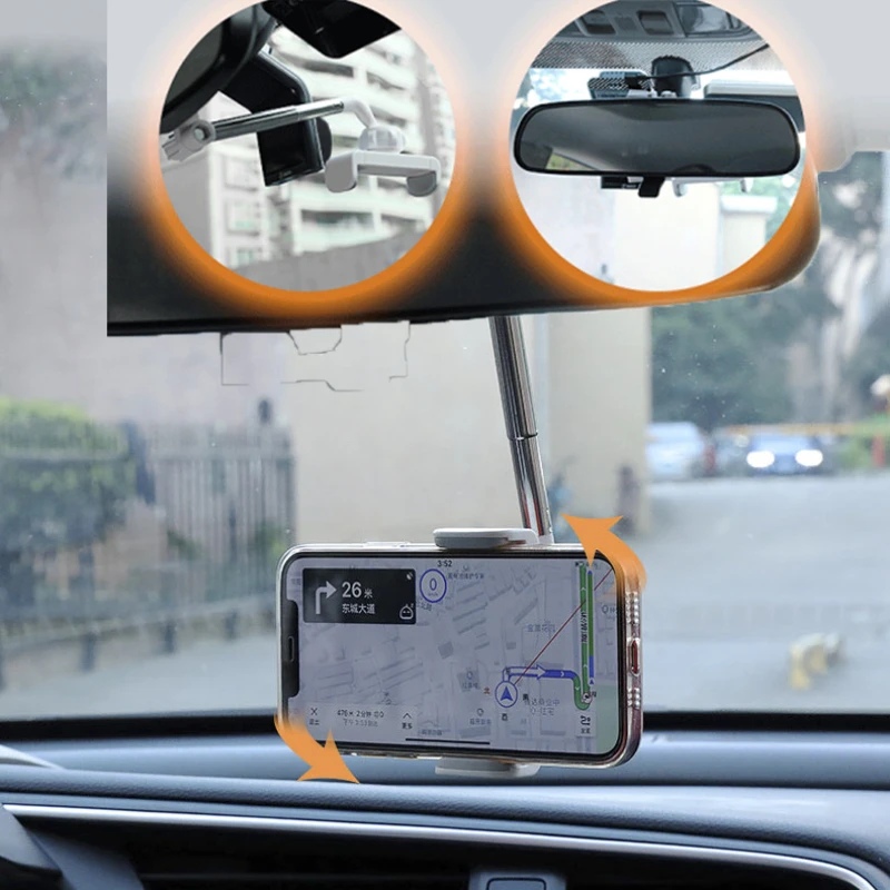 

New Car Rearview Mirror Mount Phone Holder GPS Auto Clip 360 Degree Rotatable and Retractable Rearview Mirror Seat Hanging Clip