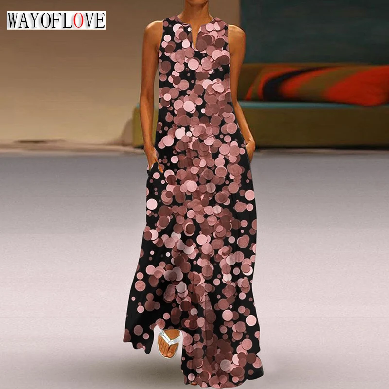 

WAYOFLOVE Ladies Spring Summer Long Dress Sleeveless Loose V-neck Dots Print Beach Dresses Woman Elegant Party Casual Maxi Dress
