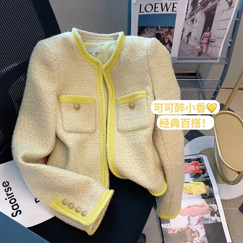

Yellow Tweed Jacket Women Spring Fall Luxury Tweed Woven Cropped Jacket Korea White Tweed Jacket Vintage Fashion Commuter Top