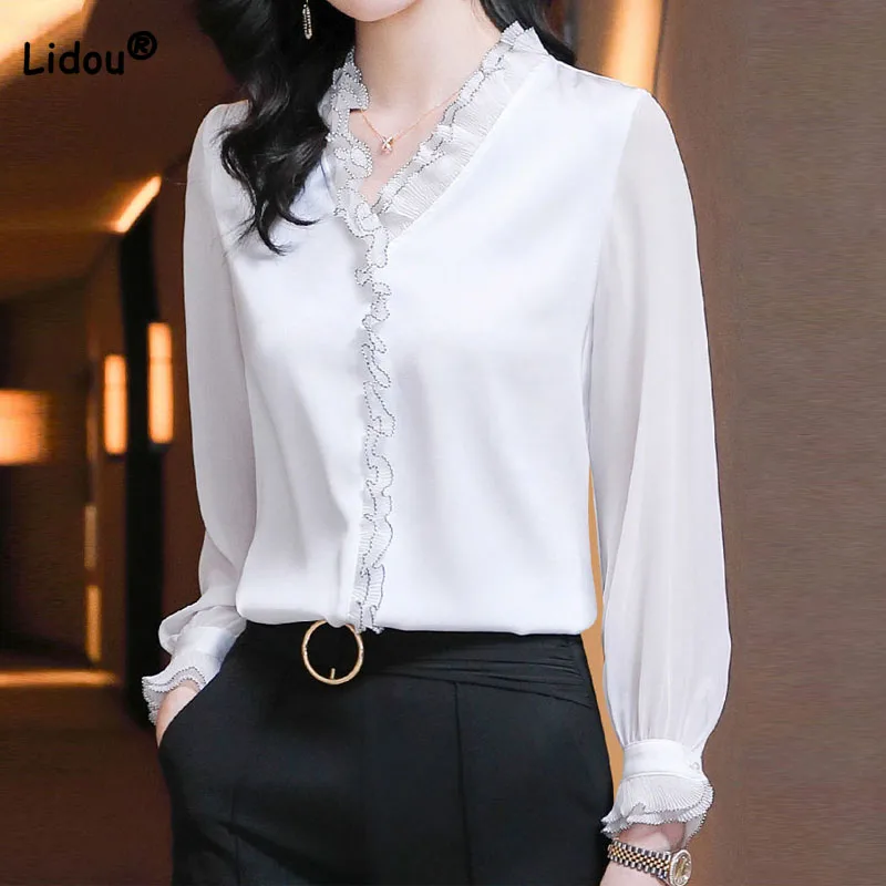 

Spring Female Fashion Elegant Solid Color Long Sleeve Blouse Office Lady Casual Commute V-Neck Ruffles Spliced Chiffon Shirt