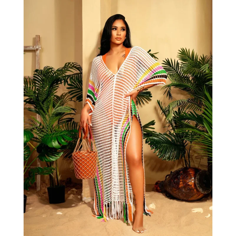 

Sexy Crochet Knitted Hollow Out Tassel Cover Up Women Color Matching Short Sleeve Beach Long Dress Holiday Beachwear 2023