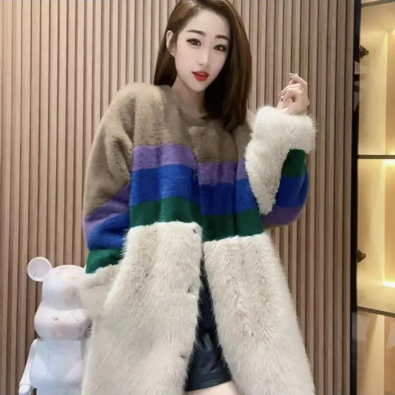 

2022 new mid-length color matching imitation mink coat casual jacket