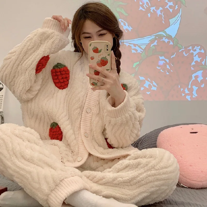 

Winter Thick Soft Flannel Pajamas Set For Women Japanese Kimono Style Girls Cardigan Sleepwear V-neck Thermal Lady Pyjamas