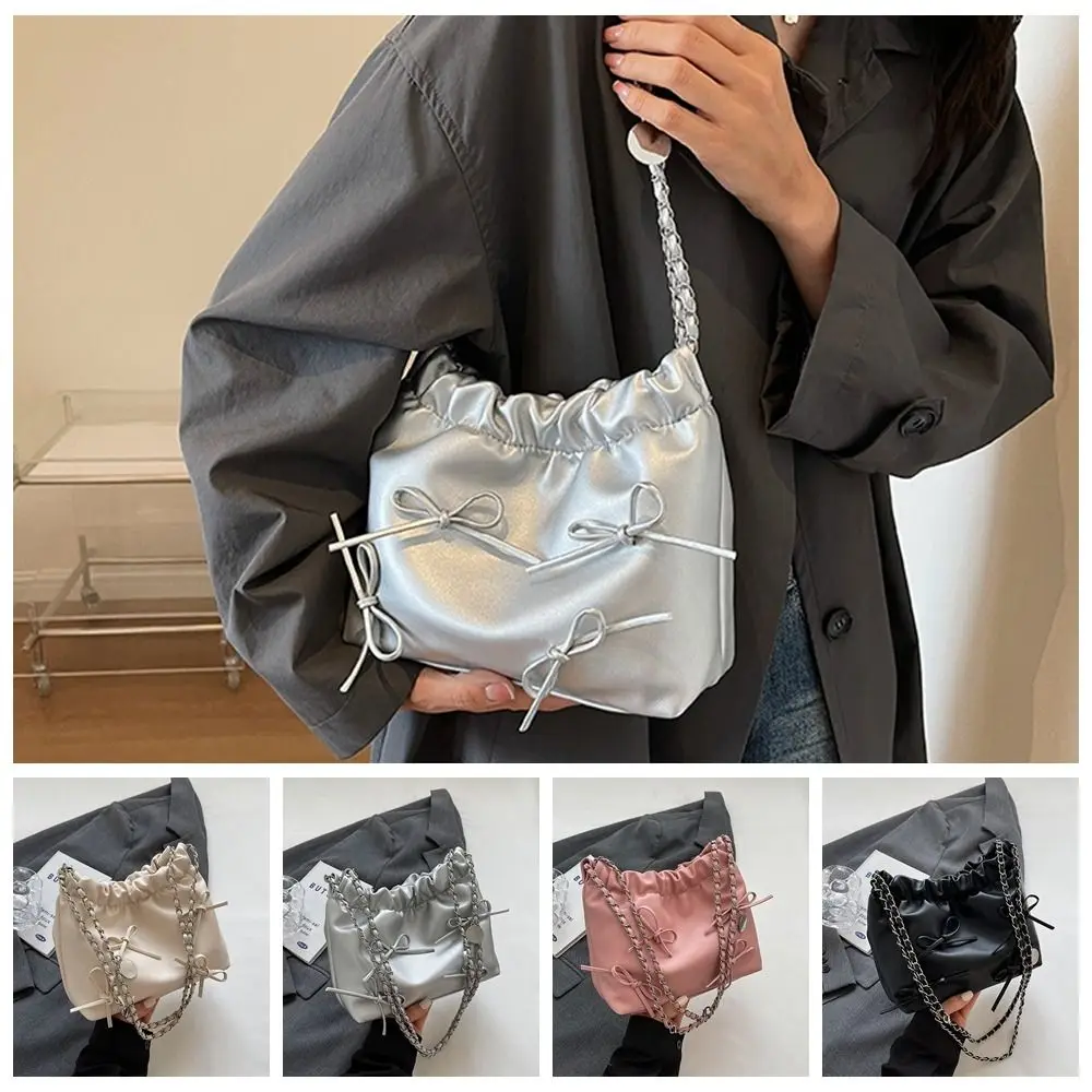 

PU Leather Bowknot Bucket Bag Sweet Large Capacity Chain Tote Bag Pleated Girl