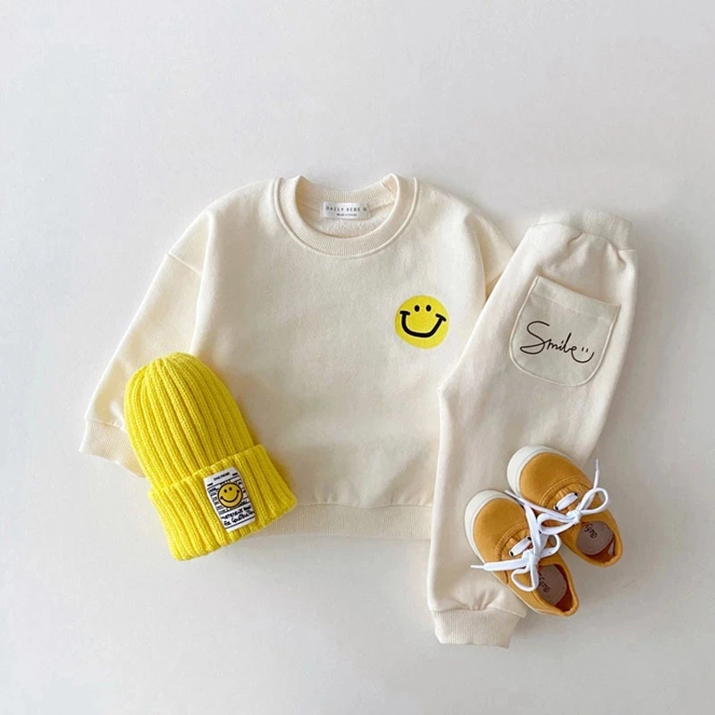 

2022 Children Cotton Sweatshirt Suit Clothes Boys Girls Smiling Face Tracksuit Outfit Baby Kids Casual Sports Clothing Sets