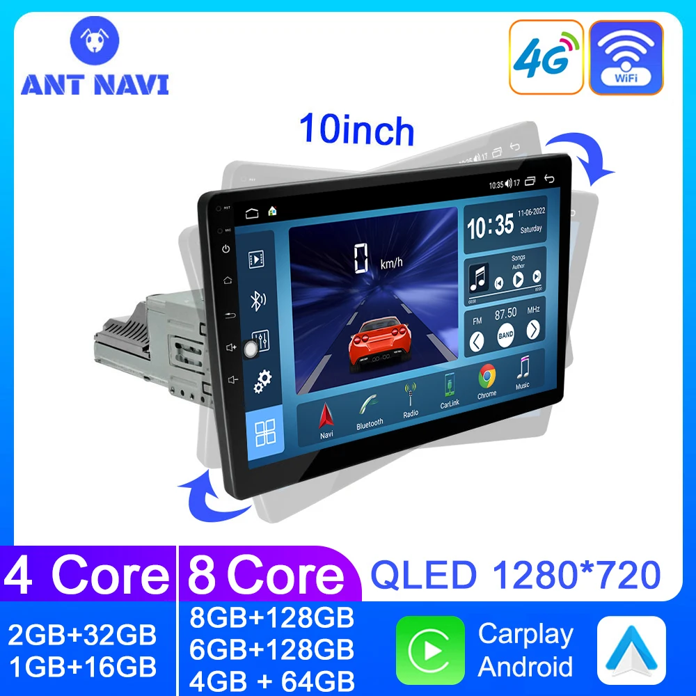 AntNavi 10“ Universal 1 din Rotate Android Car Radio Auto Apply Carplay Vedio Multimedia Player Bluetooth AHD Camera GPS Screen