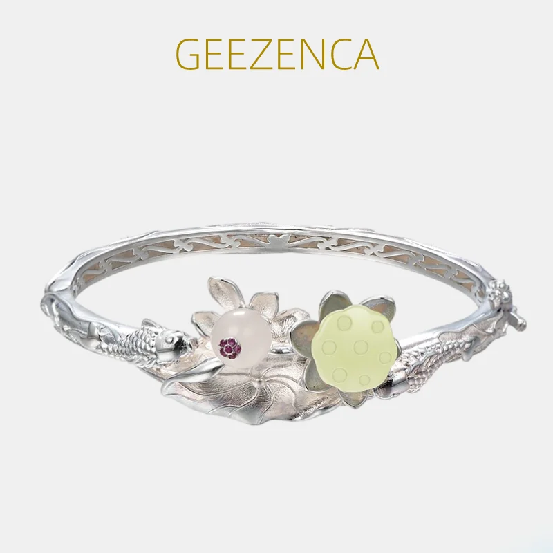 

Винтажные браслеты GEEZENCA из серебра 925 пробы с нефритом И цветком лотоса для женщин, роскошный элегантный браслет с драгоценными камнями в китайском стиле, ювелирные изделия на удачу