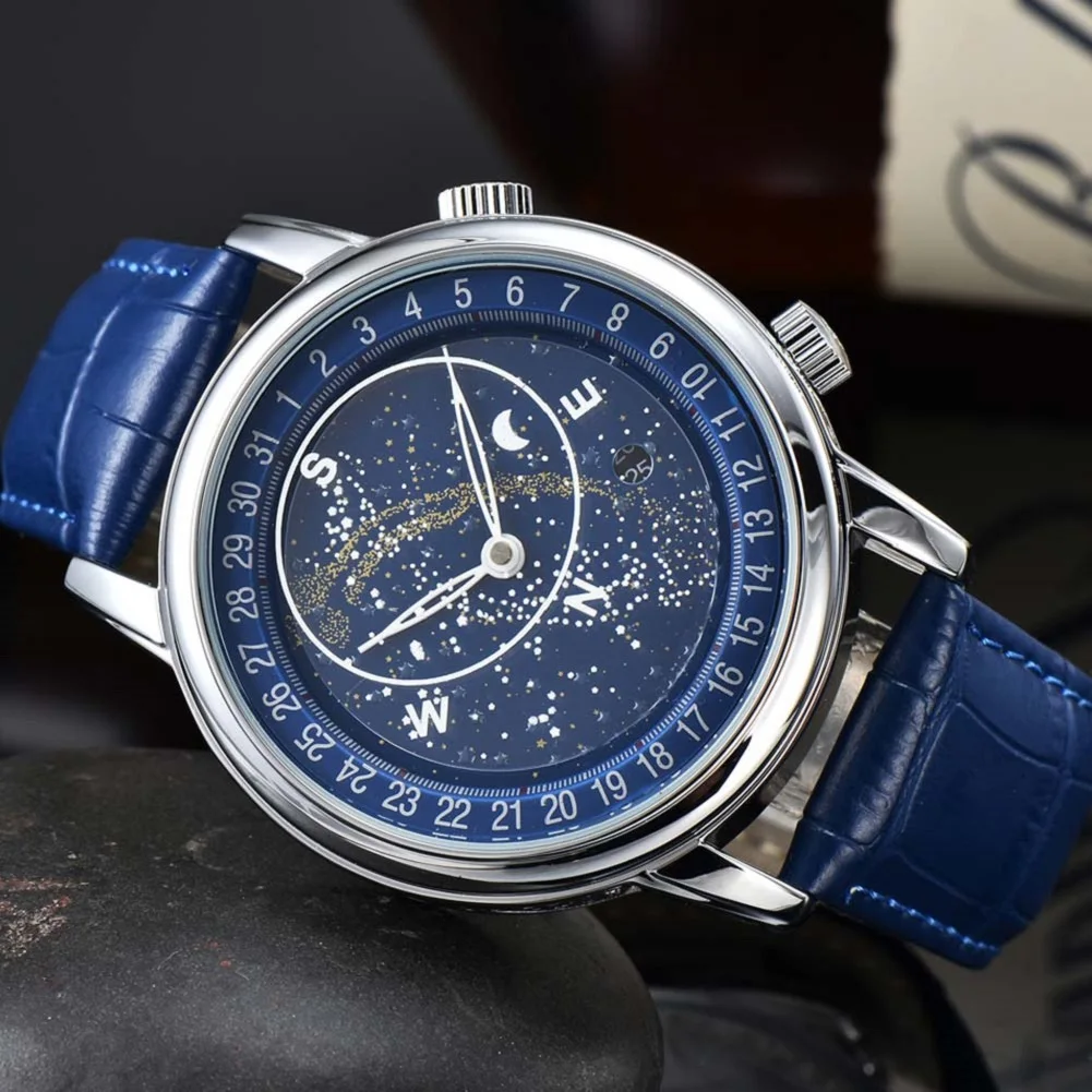 Original Moon Phase Watch for Men Automatic Gypsophila Sky Dial Self Winding Mechanical Watch Leather Strap Waterproof AAA Clock