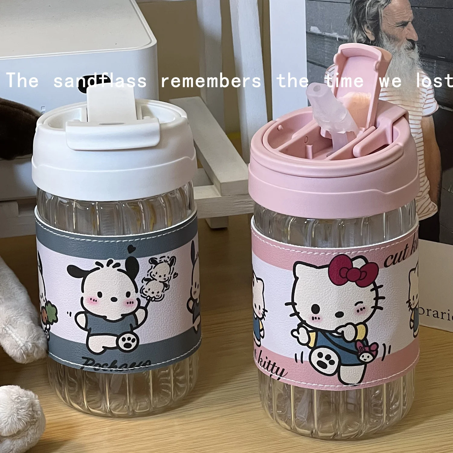

500Ml Kawaii Hello Kitty Kuromi Water Bottle with Insulated Cup Sleeve Sanrio Pochacco Large Capacity Heat-Resistant Straw Cup