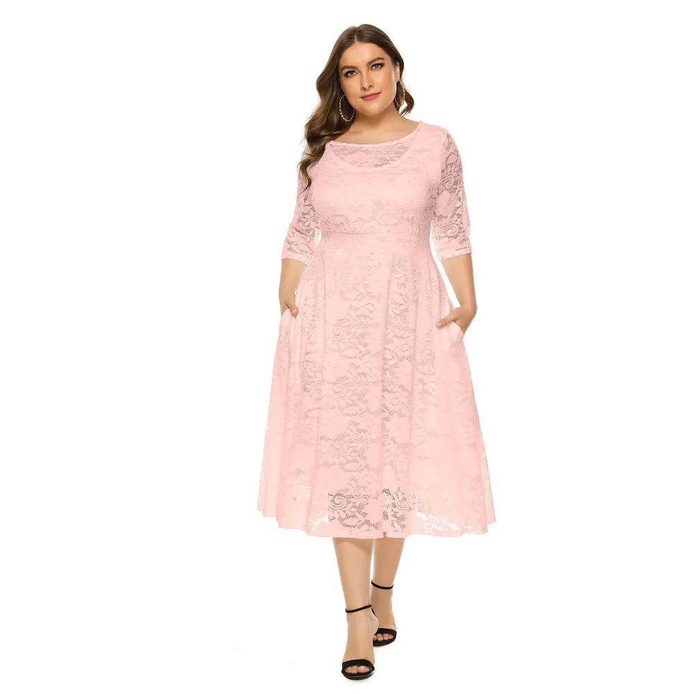 2024 весеннее элегантное африканское кружевное платье с рукавом 3/4 круглым вырезом