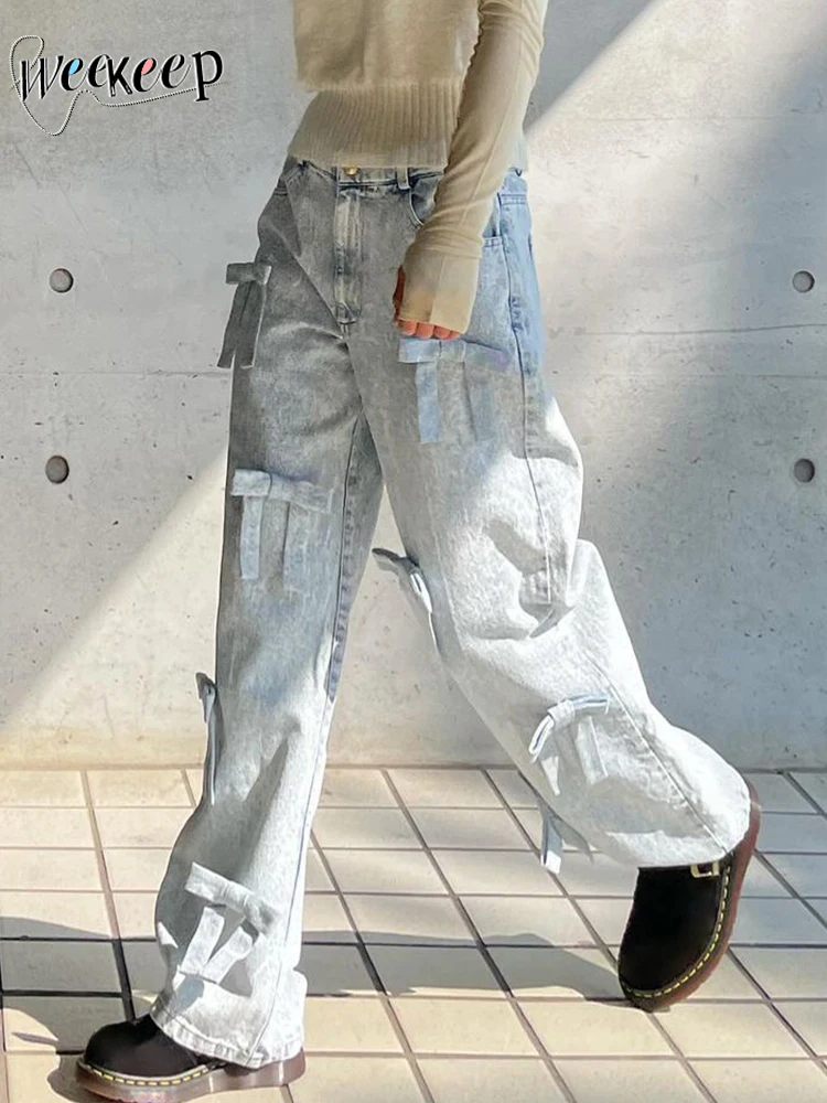 

Weekeep/милые Прошитые джинсы с бантом; y2k; Уличная одежда; Мешковатые шикарные джинсовые брюки-карго для женщин; Kawaii y2k; Винтажные модные брюки в Корейском стиле