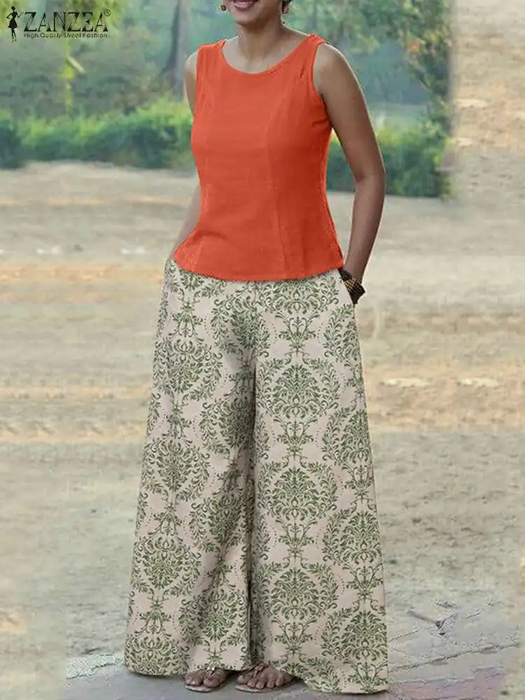 

ZANZEA Summer Women Matching Sets Fashion Blouse Suit Solid Tanks & Wide Leg Pants Vintage Printed Tracksuits Oversize Pantsuits