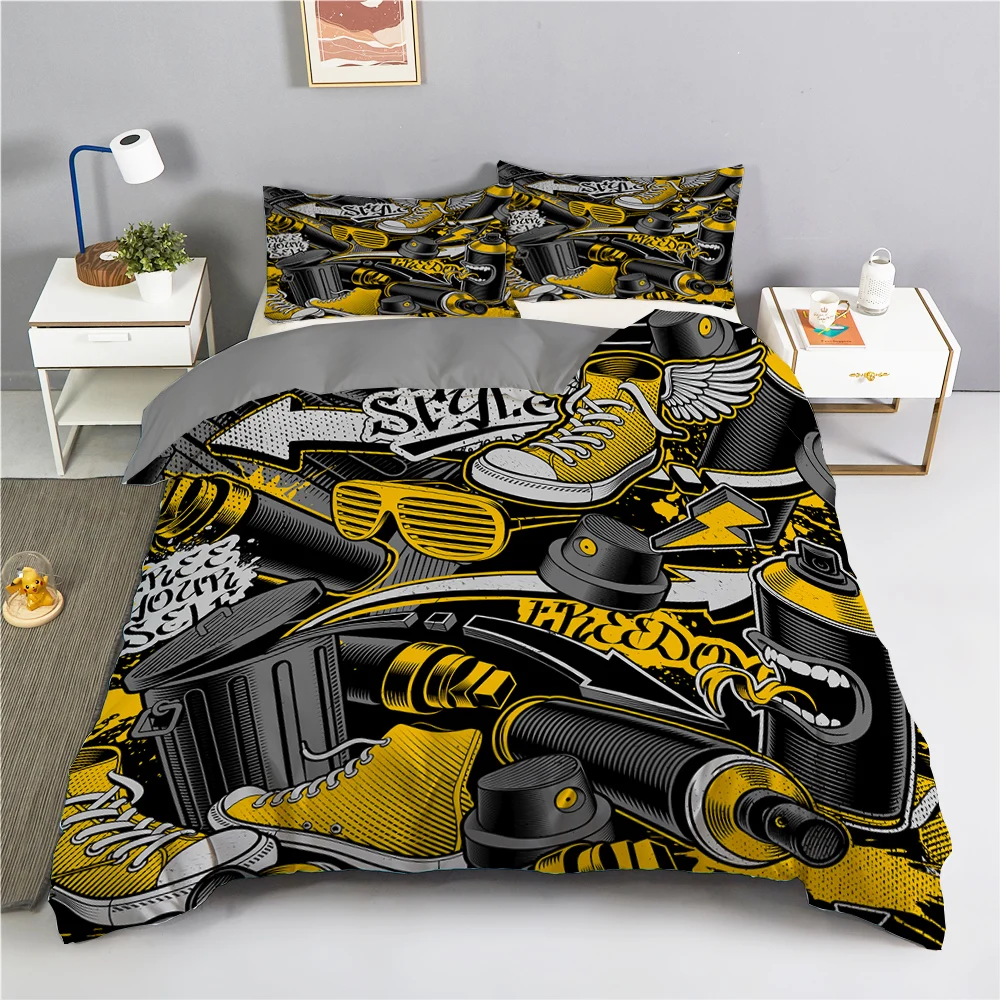 

Set 3D Cartoon Double Duvet Quilt Cover Street Art Fashion Print Comforter Case For Boys Kids 220x240 Hip Hop Graffiti Bedding