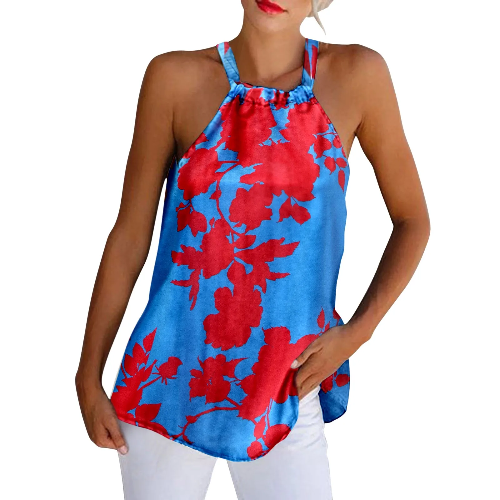 

flower tank tops summer Women Casual Print Sleeveless Top Round Shirt Vest Neck Halter Neck Splice girl Loose Tanks Camis camis
