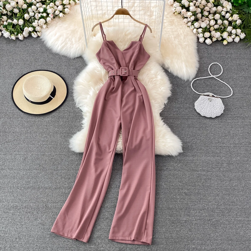 

Summer Sexy Women Romper Female Red/Orange/Black Sleeveless High Waist V-Neck Wide Leg Playsuit With Sashes New Fashion Jumpsuit