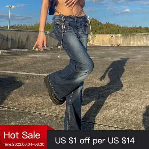 India Punk Vintage Low Rise Flared Jeans with Pockets Goth Streetwear Full Length Blue woman jeans Y2K Retro Chic Pants Fall