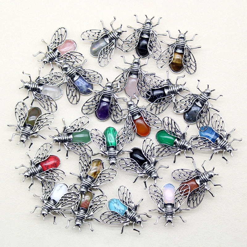 

15pcs Natural Stone Pendants Rose Quartzs Crystal Agates Insect Bee Brooches for DIY Necklace or Dual Use Jewelry Accessories