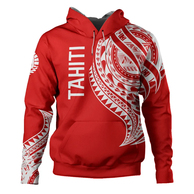 3D French Polynesia Tahiti Map Flag Print Hoodies Ethnic Tattoo Styles Graphic Hooded Sweatshirts Vintage Mens Pullovers