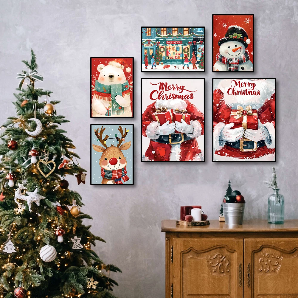 Рождественская Картина На Холсте С Мультяшным Рисунком - Снеговик Олень Медведь