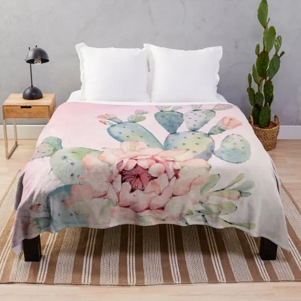 

King Queen Size Super Soft Lightweight Warm for Living Room Sofa Couch Cactus Flannel Throw Blanket Green Plant Leaves Pattern