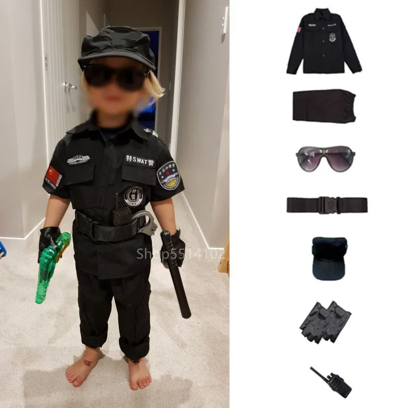

Children Halloween Policeman Cosplay Costumes Kids Carnival Party Special Police Force Uniform 110-160cm Boys Policemen Hat Sets