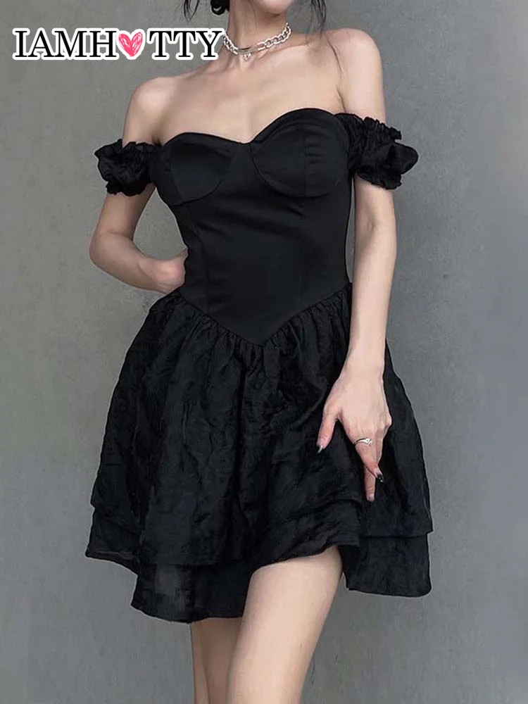 

IAMHOTTY черное жаккардовое платье А-силуэта вечерние няя одежда для отдыха каскадные платья с оборками в стиле темной Академии корейская мода