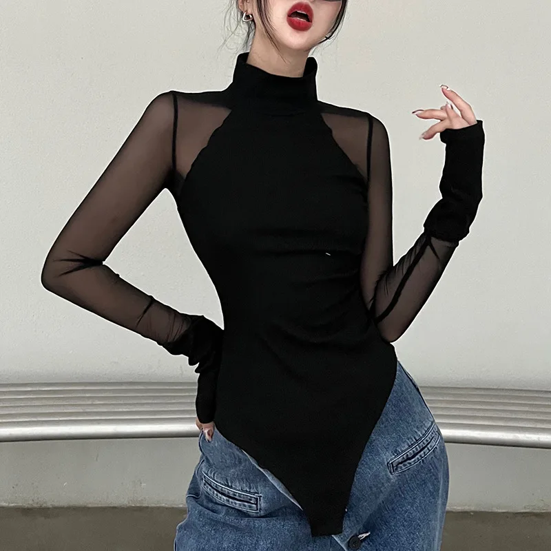 

2022 European and American Women's Sexy Perspective Mesh Splice Long Sleeve Undercoat Slim Shaped Black Bodysuit