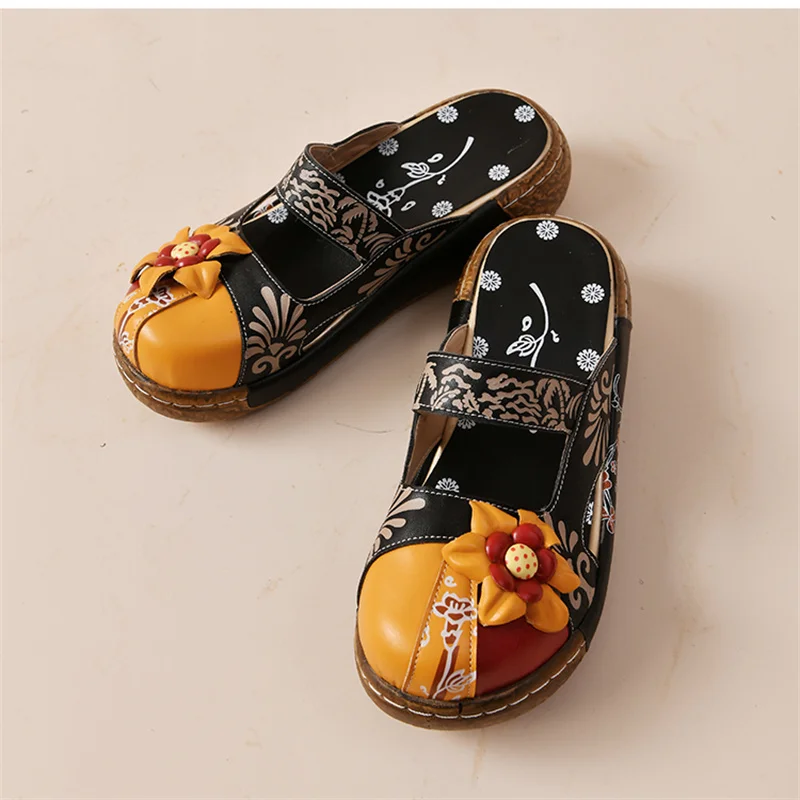 

2022 Summer Casual Vintage Flats Women's Printed Leather Boho Summer Beach Shoes Vintage Flowers Halter Slip-On Flats Zapatos