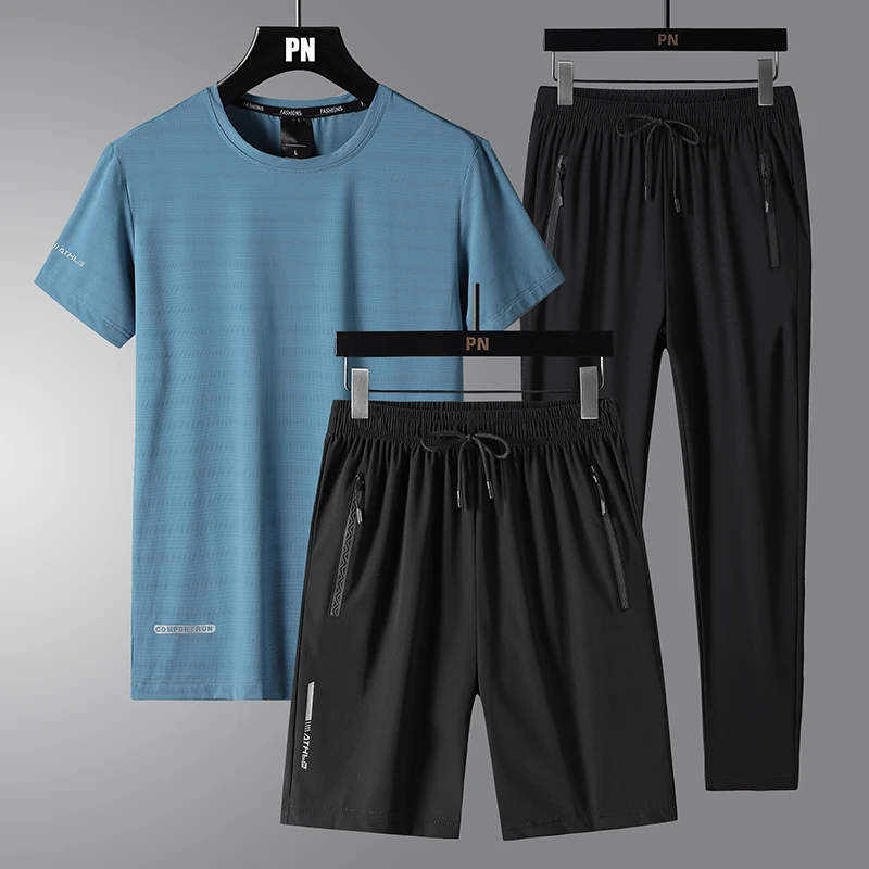 Men's Summer Suit Pure Color Breatha 3-piece-set with T-shirt and Short Casual Sport Trousers Business Suit Oversized Sets M-8XL