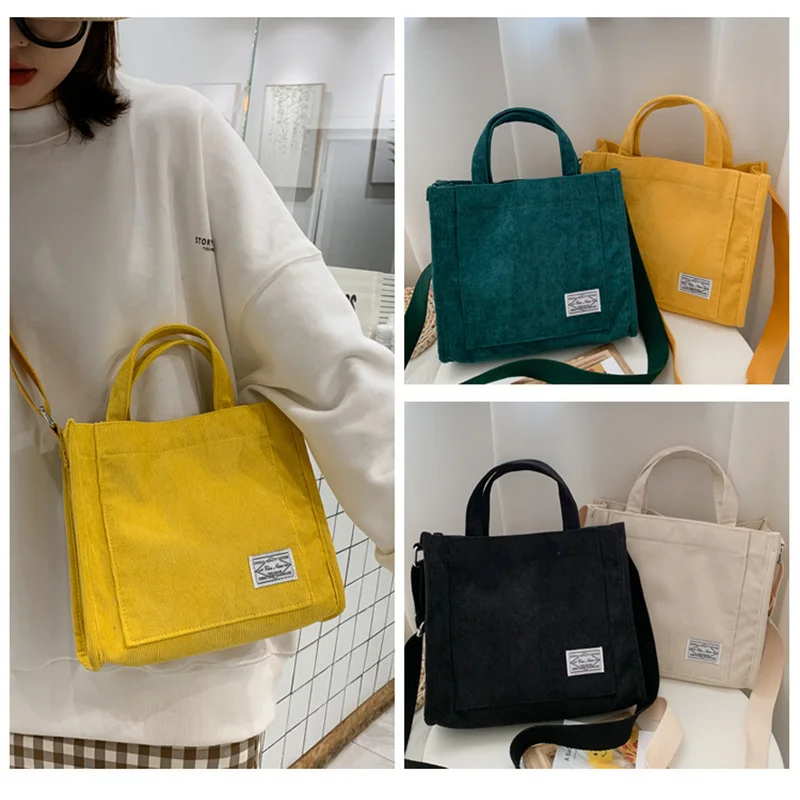 

Women Corduroy Zipper Shoulder Bag Large Cotton Canvas Handbag Casual Tote Female Eco Crossbody Bag Vintage Messeng _HBZ-1117-2_