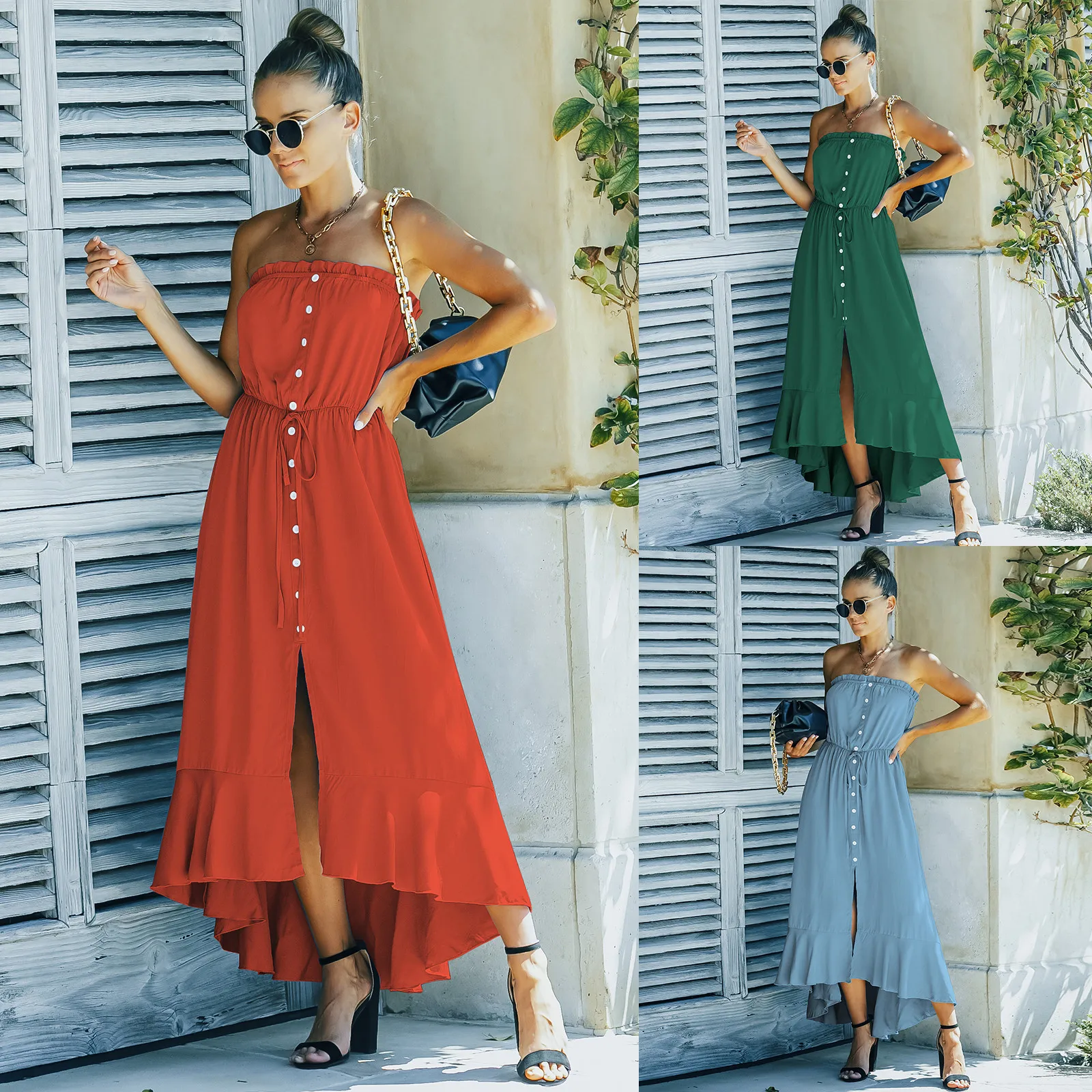 

2022 Women's Summer Maxi Dresses Cute Blue Green Orange Chest Wrapping Strapless Long Wrap-Dress For Women