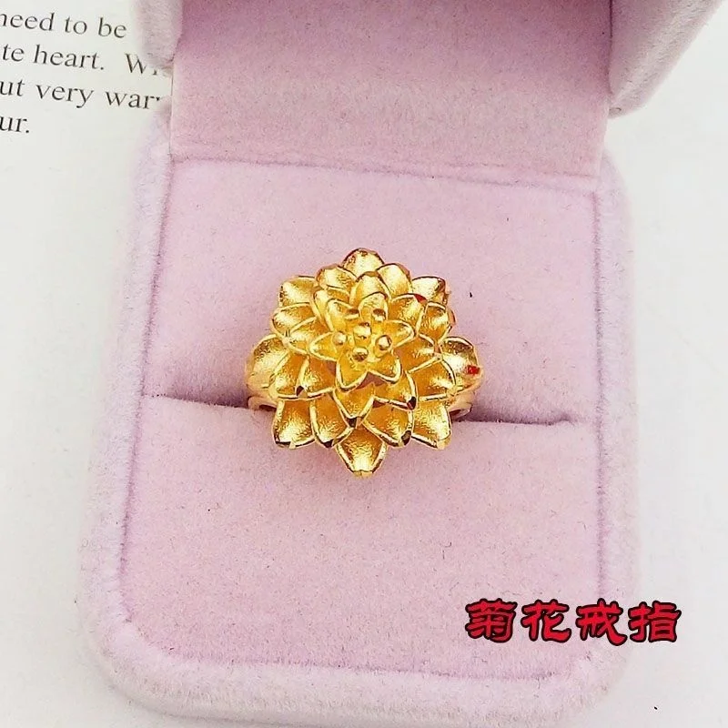 

Pure Copy Real 18k Yellow Gold 999 24k Peony Ring Never Fade Jewelry