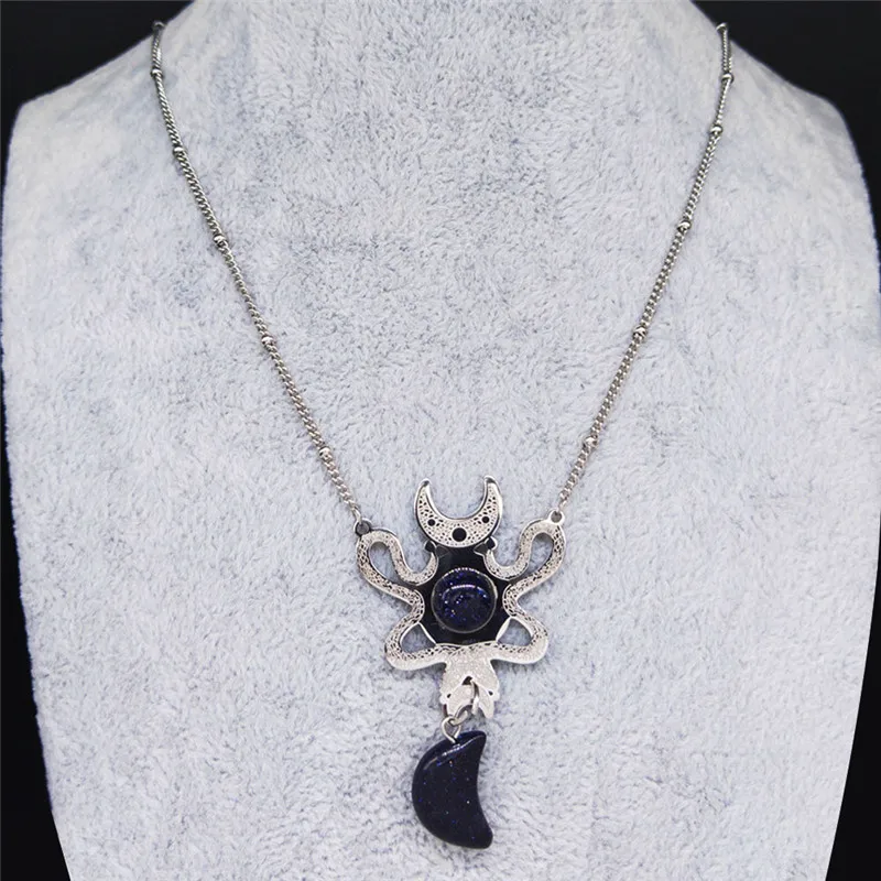 

2022 Wicca Natural Stone Stainless Steel Necklace Chain Moon Snake Pendant Necklace Jewelry acero inoxidable joyeria N658S08
