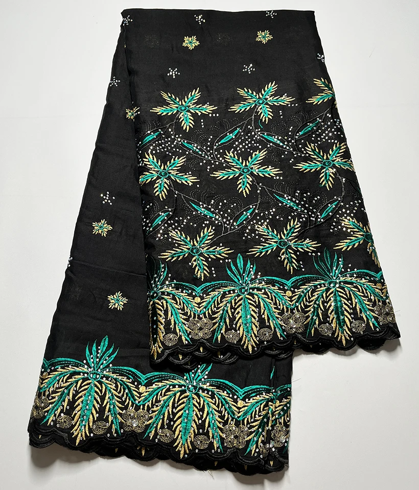 

5 ярдов, черная швейцарская вуаль с камнями, кружевная ткань, вышивка, отделка, высокое качество, африканская сухая хлопковая ткань Lafaya для женского платья H6102